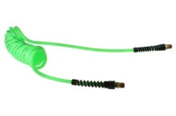 PU38-20B-G By Coilhose | Flexcoil Air Hose | 3/8" Hose ID X 9/16" Hose OD | 3/8" Male NPT Swivel Strain Relief Fittings | Green | Polyurethane | 20ft
