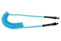 PUE14-10A-T By Coilhose | Flexeel® Reinforced Coiled Air Hose | 1/4" Hose ID X 3/8" Hose OD | 1/4" Male NPT Rigid/Swivel Reusable Strain Relief Fittings | Transparent Blue | Polyurethane | 10ft