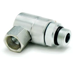 9SS12MO12XFJS12-NI-V By Super Swivel | 8863-NI-V | 1-1/16-12 Male O-Ring ORB X 1-1/16-12 Female 37° JIC Swivel Nut | 0.460" Through Hole | 90° Elbow | Electroless Nickel | Viton Seal