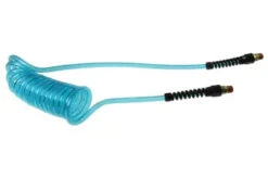 PU38-20B-T By Coilhose | Flexcoil Air Hose | 3/8" Hose ID X 9/16" Hose OD | 3/8" Male NPT Swivel Strain Relief Fittings | Transparent Blue | Polyurethane | 20ft