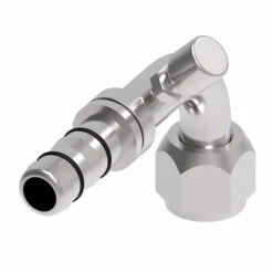 FJ3047-1012S E-Z Clip System By Danfoss | Female O-Ring 90° Elbow (Long Pilot) With Charge Port (7/16-20 Thd) - 45° Port Rotation | A/C Refrigeration Fitting | -10 Female O-Ring Long Pilot X -12 Hose Barb | Steel