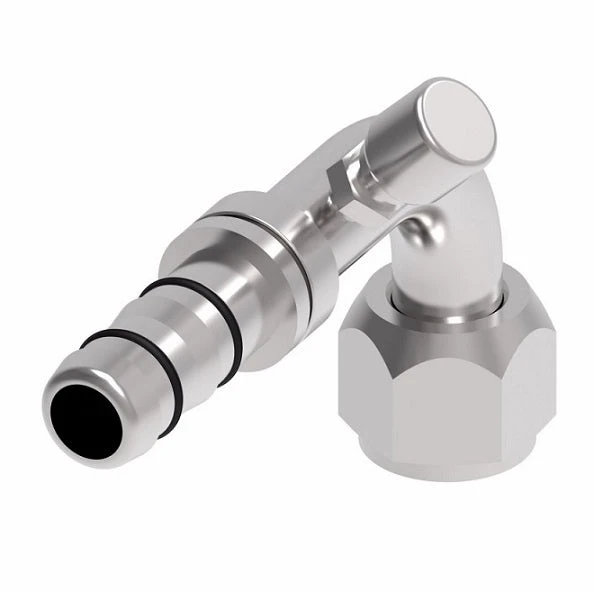 FJ3047-1012S E-Z Clip System By Danfoss | Female O-Ring 90° Elbow (Long Pilot) With Charge Port (7/16-20 Thd) - 45° Port Rotation | A/C Refrigeration Fitting | -10 Female O-Ring Long Pilot X -12 Hose Barb | Steel 1 FJ3047-1012S E-Z Clip System By Danfoss | Female O-Ring 90° Elbow (Long Pilot) With Charge Port (7/16-20 Thd) - 45° Port Rotation | A/C Refrigeration Fitting | -10 Female O-Ring Long Pilot X -12 Hose Barb | Steel