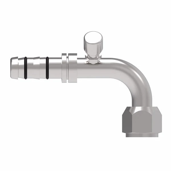 FJ3047-1012S E-Z Clip System By Danfoss | Female O-Ring 90° Elbow (Long Pilot) With Charge Port (7/16-20 Thd) - 45° Port Rotation | A/C Refrigeration Fitting | -10 Female O-Ring Long Pilot X -12 Hose Barb | Steel 2 FJ3047-1012S E-Z Clip System By Danfoss | Female O-Ring 90° Elbow (Long Pilot) With Charge Port (7/16-20 Thd) - 45° Port Rotation | A/C Refrigeration Fitting | -10 Female O-Ring Long Pilot X -12 Hose Barb | Steel - Image 2