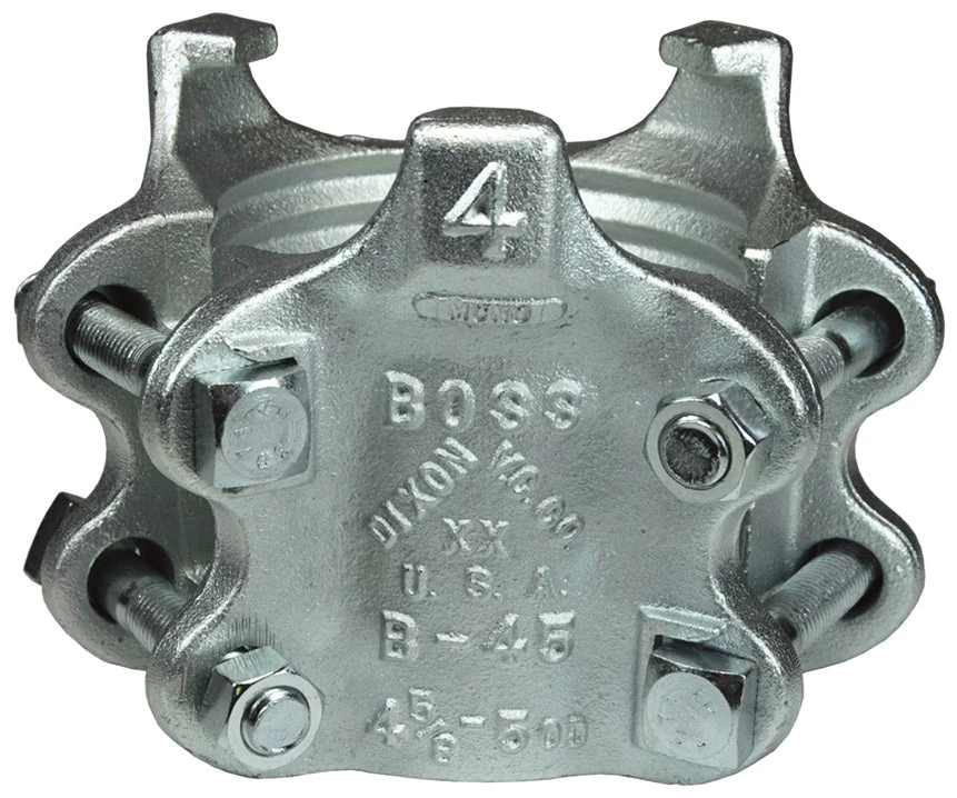 BU49 By Dixon Valve | Boss® Clamp | 6-Bolt Type | 3-Gripping Fingers | 4" Hose ID | Hose OD: From 5-16/64" To 5-38/64" | Zinc Plated Iron