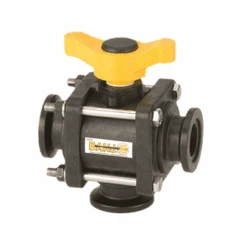 MV100BL By Banjo | 3-Way Manifold Ball Valve For Bottom Load | 4-Bolt | 1" Flange X 1" Flange | Opening Thru Ball: 1" | T Handle | 300 PSI | Polypropylene | Pack Of 6