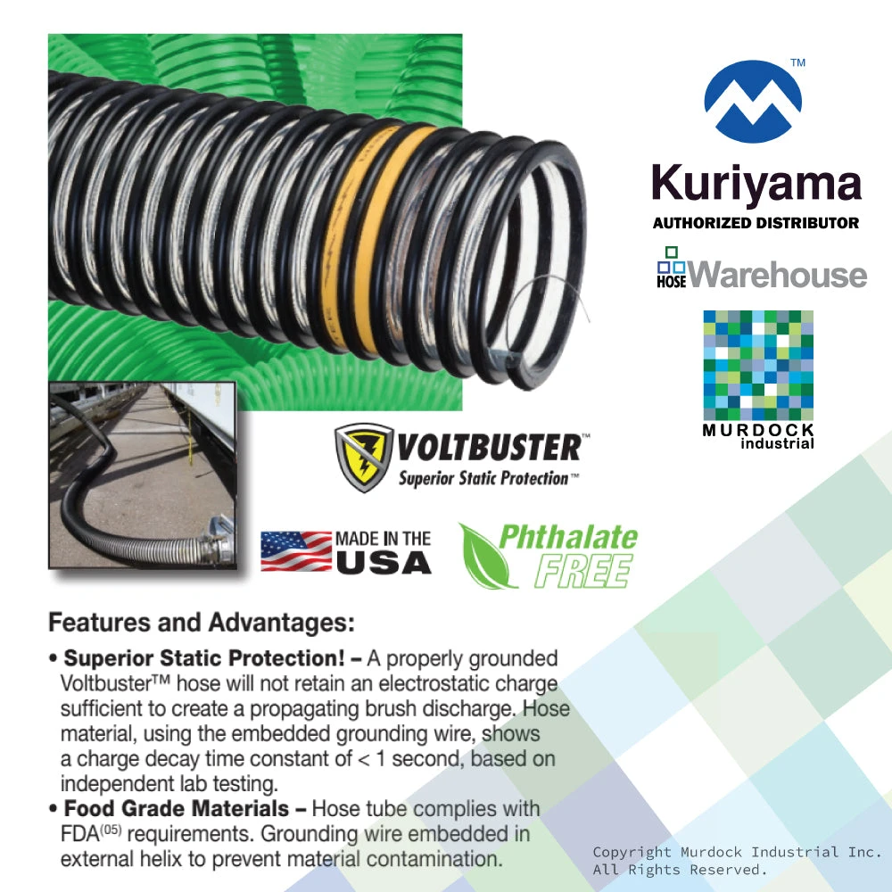 VOLT600X60 Tigerflex By Kuriyama | VOLTBUSTER™ | Heavy Duty Food Grade Static Dissipative Material Handling Hose | 6" ID | Polyurethane | 60ft Length 3 VOLT600X60 Tigerflex By Kuriyama | VOLTBUSTER™ | Heavy Duty Food Grade Static Dissipative Material Handling Hose | 6" ID | Polyurethane | 60ft Length - Image 3