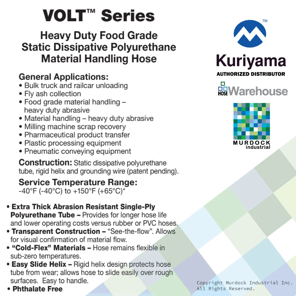 VOLT600X60 Tigerflex By Kuriyama | VOLTBUSTER™ | Heavy Duty Food Grade Static Dissipative Material Handling Hose | 6" ID | Polyurethane | 60ft Length 4 VOLT600X60 Tigerflex By Kuriyama | VOLTBUSTER™ | Heavy Duty Food Grade Static Dissipative Material Handling Hose | 6" ID | Polyurethane | 60ft Length - Image 4