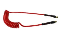 PUE14-10-TR By Coilhose | Flexeel® Reinforced Coiled Air Hose | 1/4" Hose ID X 3/8" Hose OD | 1/4" Male NPT Rigid Reusable Strain Relief Fittings | Transparent Red | Polyurethane | 10ft