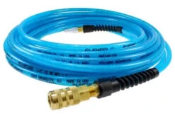 PFE6050TS15X By Coilhose | Flexeel® Reinforced Hose | 3/8" Hose ID | 9/16" Hose OD | 1/4" Six Ball Coupler & Connector With Reusable Strain Relief & Quick Connect Fittings | Industrial | 50ft | Transparent Blue | Straight | Polyurethane