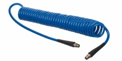 HSC2846-04X25 Kuri-Tec By Kuriyama | HSC2846 Series | Self-Store Coiled Tubing Assemblies For Air Tool Service | 1/4" ID | .375" OD | 1/4" X 1/4" Male NPT Fittings | Ether-Based Polyurethane | Blue | 25ft Length